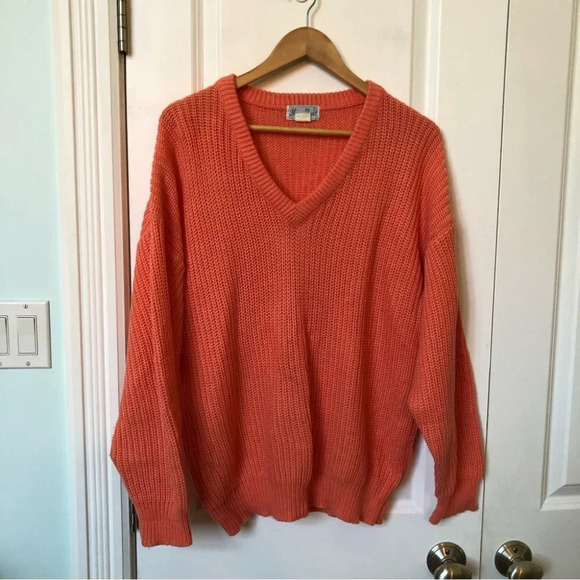 Vintage Heart Beat  Chunky Neon Orange V-Neck Sweater - Picture 2 of 6